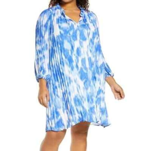 DKNY Blue White Tie Dye Pleated Short Sleeve Shift Dress - Size 10P - Picture 1 of 8
